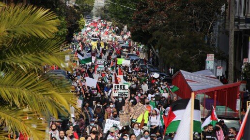 Protestuotojai prieš Izraelio apartheidą ir karo nusikaltimus San Franciske