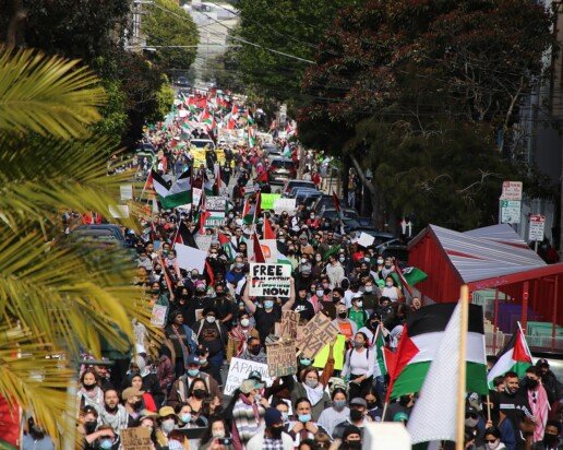 Protestuotojai prieš Izraelio apartheidą ir karo nusikaltimus San Franciske