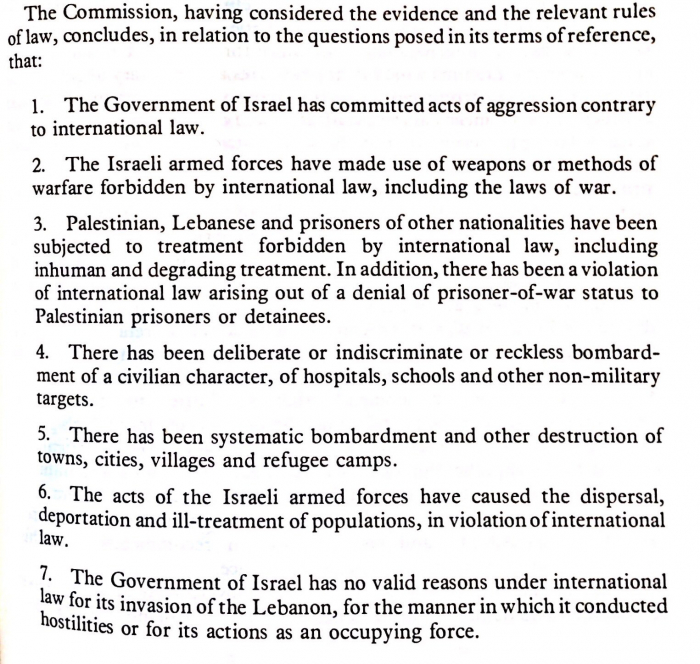 Ištrauka iš Tarptautinės komisijos ataskaita tiriant Izraelio padarytus tarptautinės teisės pažeidimus per Izraelio invaziją į Libaną.
